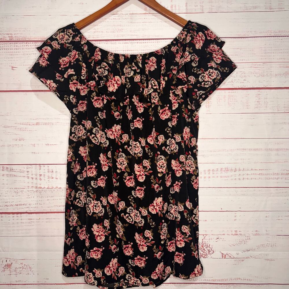 New Suzanne Betro Black Florak Blouse Women's Size XL